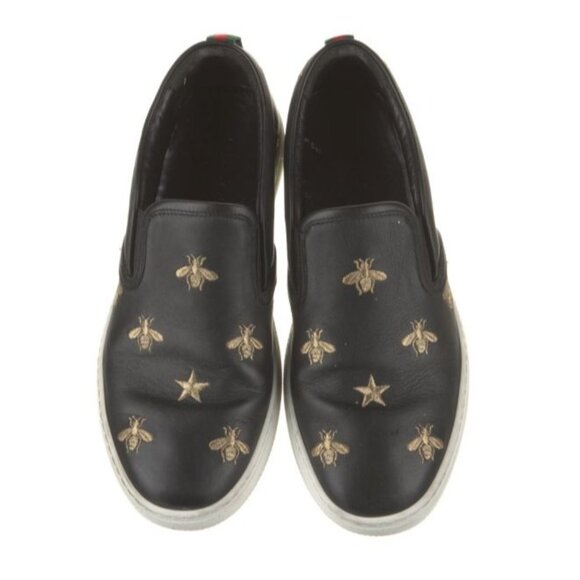 Gucci Mens Black Leather Bee & Star Embroidered Slip-On Loafers - Picture 1 of 5